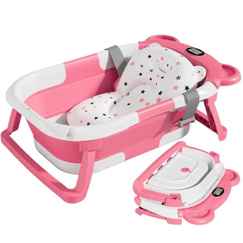 TPN Collapsible Baby Bathtub for Infants to Toddler with Real-time Temp Monitor+Floating Cushion,Foldable Baby Bath Tub Set Applicable 0-36 Month,Perfect Portable Travel Baby Tub for Newborns Girl