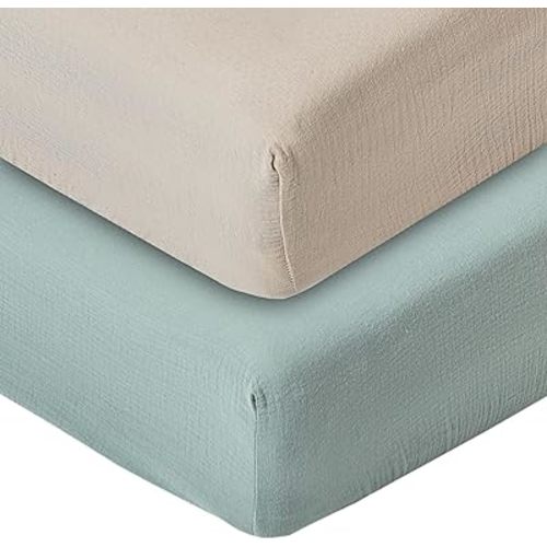 2 Pack Muslin Crib Sheets for Baby Boys Girls, Neutral Fitted Crib Mattress Sheet for Standard Crib and Toddler Mattress, Soft and Breathable, 28” x 56” (Sand & Green)