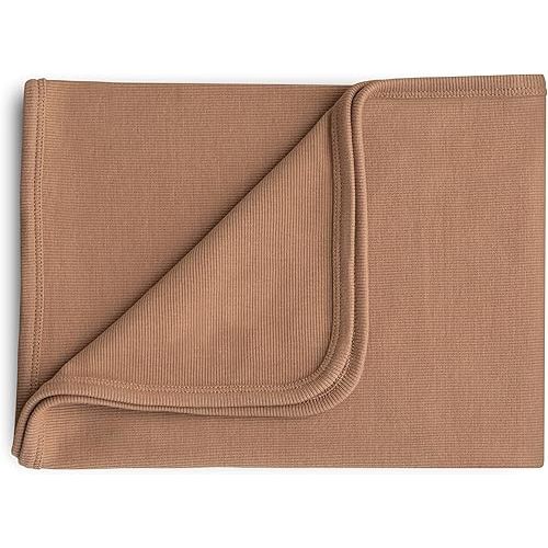 mushie Extra Soft Baby Blanket | Organic Cotton Ribbed Receiving Blanket, Swaddle, Stroller | 35x35 Inch (Tan)