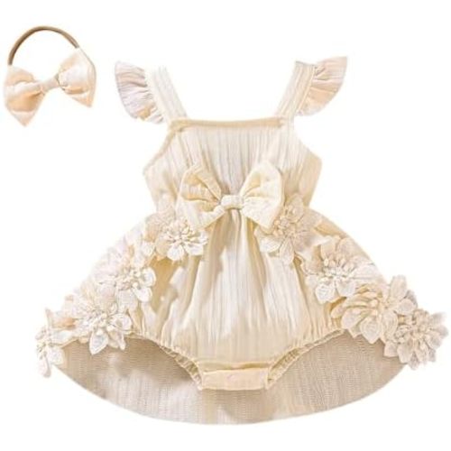 Douhoow Baby Girl Dress Romper Ruffle Sleeveless Bow Front Romper Dress with Headband Infant Girl Summer Clothes