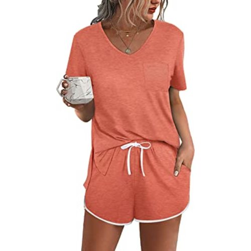 Aloodor Lounge Set for Women 2 Piece Outfits Short Sleeve V Neck Pjs Sleepwear Soft