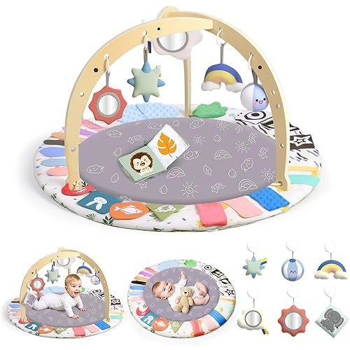 Baby Play Gym Activity Mat, WOOD CITY Tummy Time Play Mat for Babies 0-6 Months with 6 Detachable Newborn Infant Toys, Promote Motor Skills & Sensory Development Baby Essentials Gift