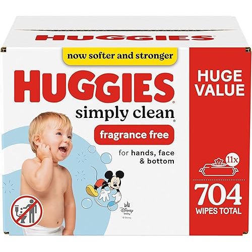 Huggies Simply Clean Fragrance-Free Baby Wipes, Unscented Diaper Wipes, 11 Flip-Top Packs (704 Wipes Total)
