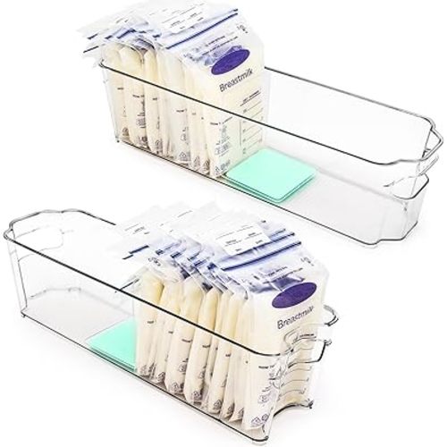 Breast Milk Storage Containers for Fridge, Fridge Organizer Bins with L-Shaped Compressor Inserts for Flattening Breastmilk Bags, and Space-Saving Design(Set of 2)