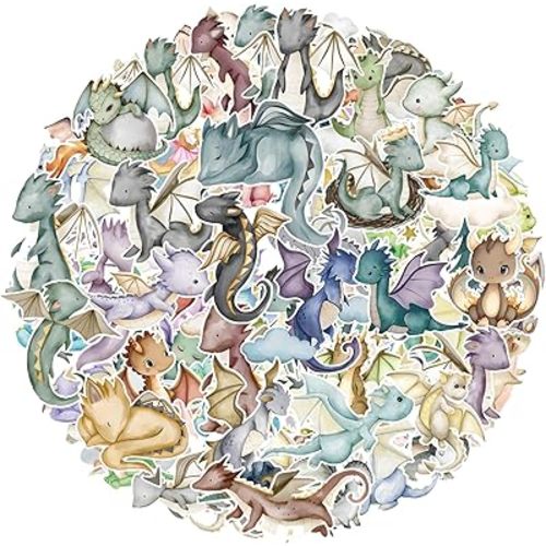 100 Pcs Watercolor Dragon Stickers, Knight Baby Shower Supplies, Magical Birthday Party Favors, Fantasy Dino Rainbow Decorations for Water Bottles, Laptop, Phone