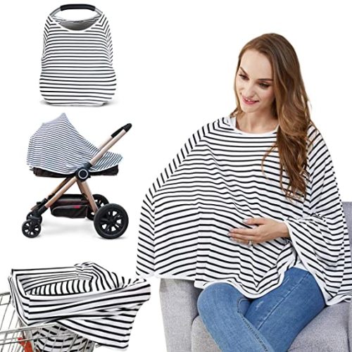 Baby Nursing Cover & Nursing Poncho - Multi Use Cover for Baby Car Seat Canopy, Shopping Cart Cover, Stroller Cover, 360° Full Privacy Breastfeeding Coverage, Baby Shower Gifts for Boy&Girl - Black and White Stripes
