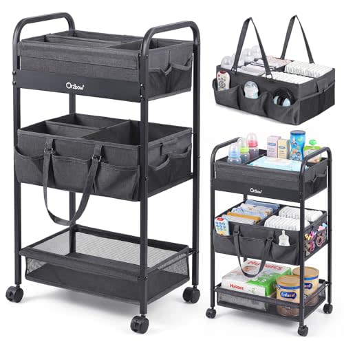 Orzbow Diaper Caddy cart, 3 Tier Baby Rolling Storage Cart | Detachable Infant Essentials Nursery Storage for Bedroom, Changing Table & Crib
