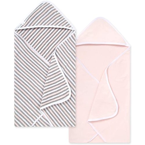 Burts Bees Baby Infant Hooded Towels Multi Stripe Organic Cotton, Unisex Bath Essentials and Newborn Necessities, Soft Nursery Towel with Hood Set, 2-Pack Size 29 x 29 Inch - Multi Stripe/Pink