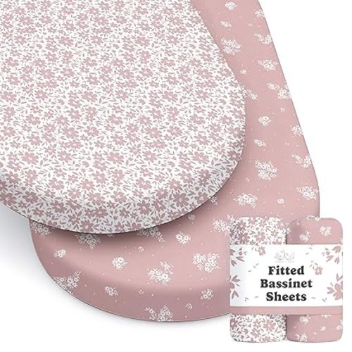 Baby Bassinet Sheets Girl (Antique Rose) 2-Pack - Fitted Bedside Bassinet Sheets - Buttery Soft Cotton Blend for Standard Mattress Pad - Compatible with Halo BassiNest