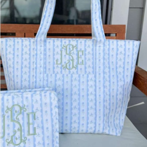 X-Large Tote - Jumbo Tote - Ribbon Floral Blue