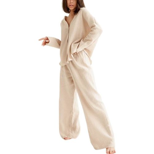 Womens Cotton Gauze Loungewear Sets Casual 2 Piece Sleepwear Button Down Shirt and Wide Leg Pants Outfits