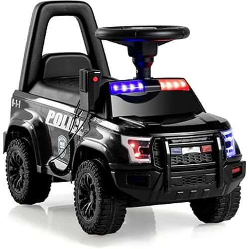 OLAKIDS Ride On Push Police Car, Toddler Foot-to-Floor Sliding Toy with Siren, Steering Wheel, Megaphone, Horn, Headlights, Under Seat Storage, Kids Racer Walking Gift for Boys Girls 1-3 (Black)