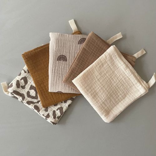 Minifolk Set of 5 Absorbent Muslin Baby Burb Cloths| 4 Layers Soft Cotton | Baby Bib | Baby Cloth | New Baby Gift Set | Baby Shower Gift - Sand Set