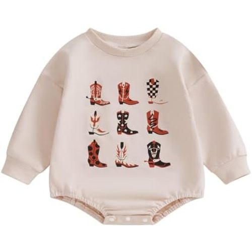 Western Baby Boy Girl Sweatshirt Romper Classic Long Sleeve Crew Neck Boots Print Bodysuit Newborn Playsuit Fall