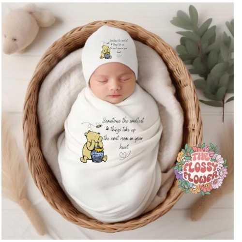 Winnie the pooh swaddle and matching hat-swaddle personalized and newborn hat-Newborn hosppital swaddle-Baby shower gift