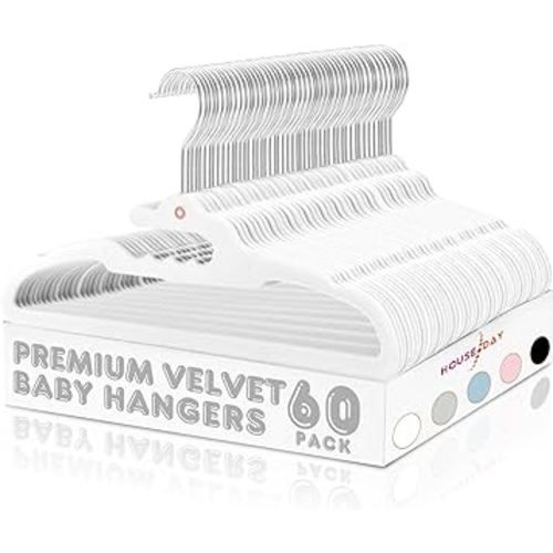 HOUSE DAY Premium Velvet Baby Hangers 60 Pack, 11.4'' Kids Velvet Hangers, Sturdy Baby Hangers for Closet, White Baby Clothes Hangers, Toddler Hangers Infant Children Non Slip Hanger for Nursery Use