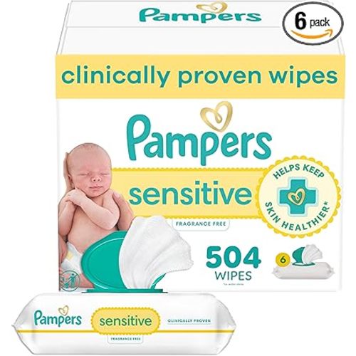 Pampers Baby Wipes Sensitive, Water Based Hypoallergenic and Unscented 504 Total (6 Flip-Top Packs)
