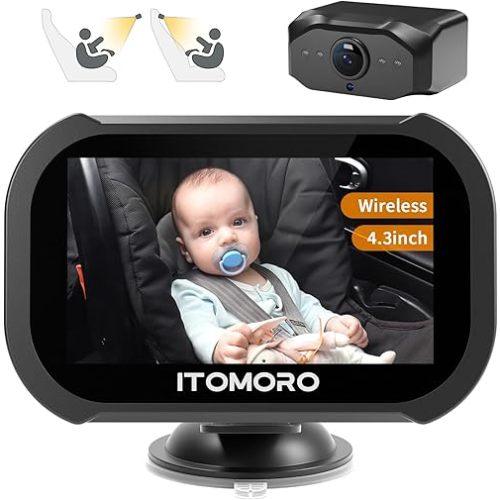 Itomoro Baby Car Camera for Backseat Wireless, 4.3'' HD 1080P Wireless Baby Car Monitor with Camera Rechargeable, Wireless 2.4G 1000ft Range, IR Night Vision Rear View Car Seat Camera for All Car