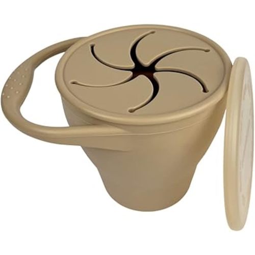 BraveJusticeKidsCo. | Snack Attack Cup | Collapsible Silicone Container | Toddler and Baby Catcher Lid (Warm Sand)