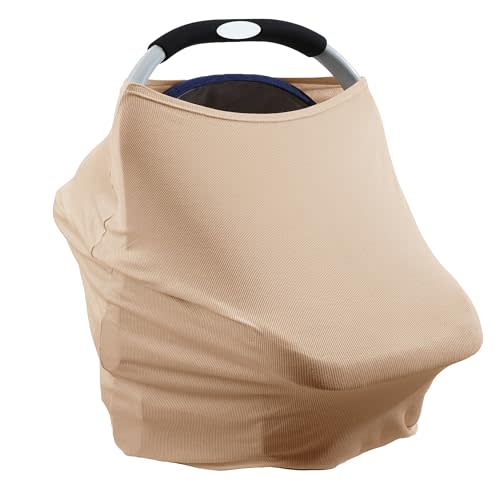 Breathable Car Seat Cover for Babies – Multi-Purpose Soft Rayon Nursing Cover for Breastfeeding, High Stretchy Infant Carseat Canopy, Stroller Cover (Striped Textured Rayon, Striped Khaki)