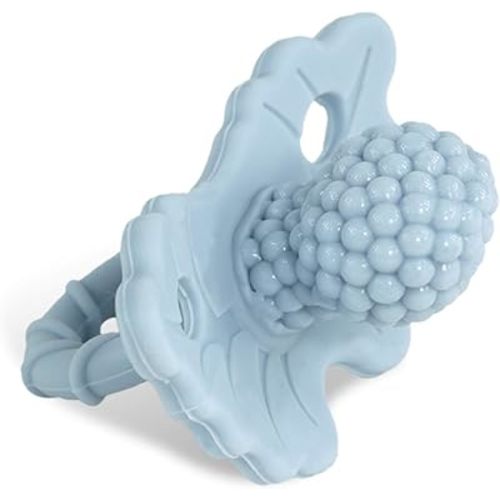 RaZbaby RaZberry Silicone Teether Pacifier – Teething Relief for Infants, Food-Grade, BPA-Free, Hands-Free Design, Natural Berrybumps Fruit Texture for Sensory Development, Freezable – Light Blue