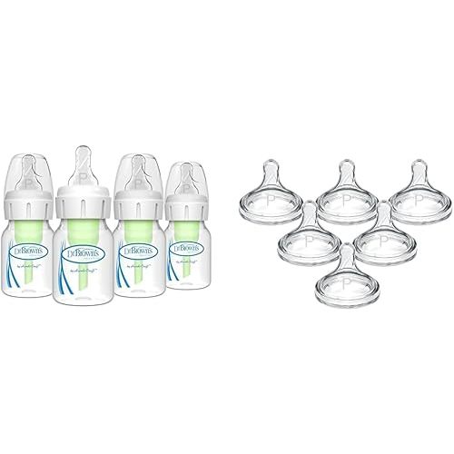 Dr. Brown's Anti-Colic Preemie Baby Bottles, 0m+ Nipple 4 Pack & Wide-Neck 100% Silicone Preemie Nipples, Slowest Flow, 0m+, 6 Pack
