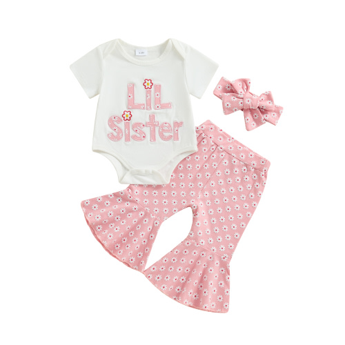Qtinghua Newborn Infant Baby Girls Little Sister Clothes Letter Embroidery Short Sleeve Romper with Floral Pants and Headband Set