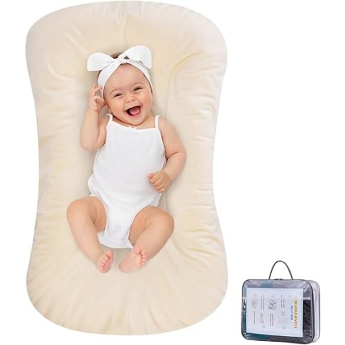 Baby Lounger 100% Cotton,Infant Lounger Baby Nest Co Sleeping Baby Bed,Baby Nest Sleeper Lounger Baby Lounger Pillow for Newborn Baby Lounger 0-24 Months,Apricot