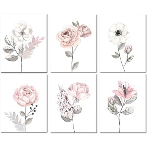 Lambs & Ivy Watercolor Floral Unframed Nursery Child Wall Art 6pc - Pink/Gray