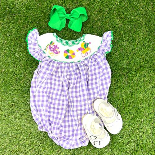 Mardi Gras Smocked Bubble in Purple Gingham - Mardi Gras Celebration, King Cake, Baby Girl, Heirloom, Bishop Style 603 *B