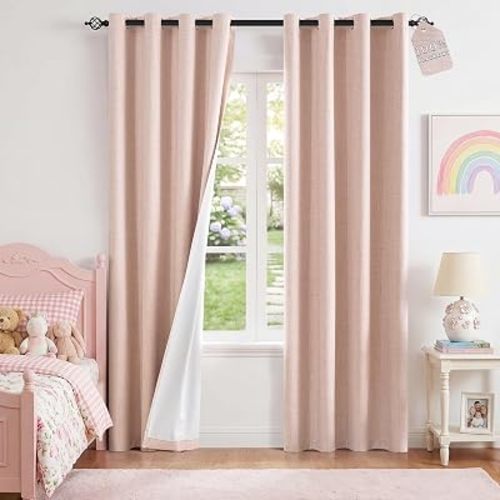 ChrisDowa 100% Blackout Curtains for Living Room - Linen Black Out Curtains 84 Inch Long Grommet Top Total Blackout Curtains Curtains for Girls Bedroom Nursery 2 Panels, Pink 52" W x 84" L