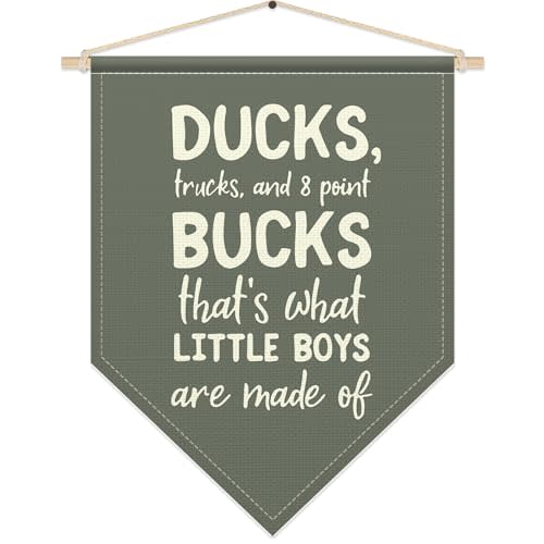 SHIEL-EVEN Boys Room Decor, Ducks Trucks and 8 Point Bucks Posters Hanger Frame, Boys Nursery Wall Art for Toddler Kids, Modern Pennant Flag Banner for Bedroom Playroom, Green Room Decor