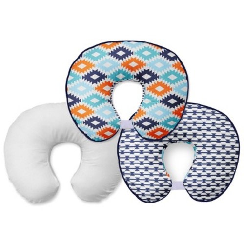Bacati - 3 pc Liam Aztec Print Aqua Orange Navy Hugster Feeding & Infant Support Nursing Pillow