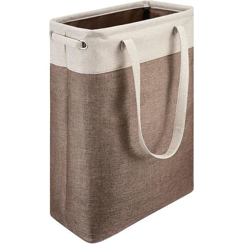i BKGOO Laundry Basket with Handles Beige&Brown Slim Laundry Bin Collapsible Dirty Clothes Basket Narrow Laundry Bag Foldable Dirty Hamper for Camping, Dorms, Apartments