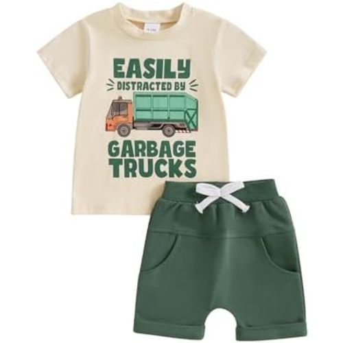 Toddler Baby Boy Garbage Truck Short Sleeve T-Shirt Tops Shorts Set Trash Day Truck Driver Outfit 2Pcs Summer Clothes