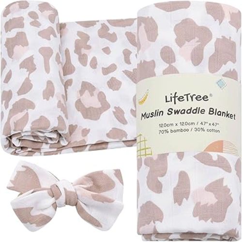 LifeTree Baby Muslin Swaddle Blanket Girl Newborn Receiving Blanket with Headband Bow Set Blush Leopard Print Nursery Wrap