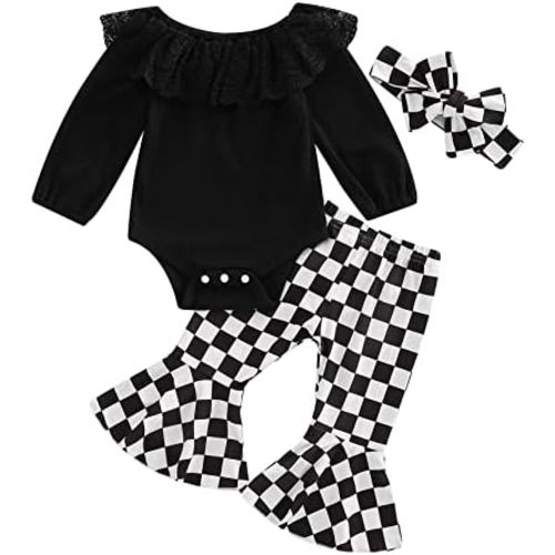 Newborn Baby Girl Clothes Infant Rib Frill Long Sleeve Romper Floral Flared Pants Headband 3pcs Fall Winter Outfits