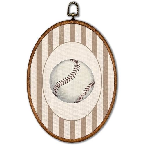 KSDUT Vintage Baseball Wall Art Decor - Retro Sports Beige Stripes Wall Art Canvas Frame Hanging Prints, Nursery Sports Gallery Oval Artwork Decor for Home Bedroom Decorations 8.6"x11.4"