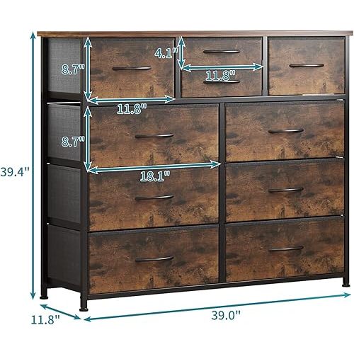 LUMTOK 10-Drawer Dresser, Fabric Storage Dressers for Bedroom, Hallway, Nursery, Closets, Steel Frame, Wood Top, Easy Pull Handle (Rustic Brown)