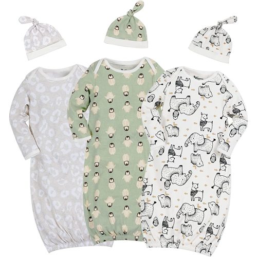 Newborn Unisex Baby Boys Girls Cotton Sleeper Gown Nightgown Sleepsuits with Hats, 0-3/0-6 Months