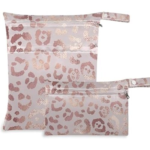 2pcs Rose Leopard Wet Dry Bag Waterproof Reusable Baby Cloth Diaper Wet Dry Organizer with Two Zippered Pockets for Travel, Beach, Pool, Stroller, Diapers, Dirty Gym Clothes, Wet Swimsuits