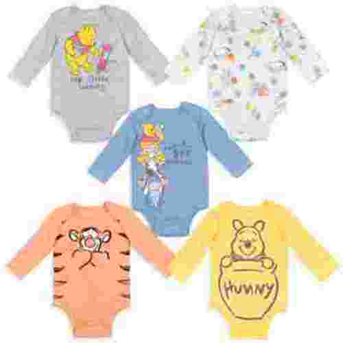 Disney Winnie the Pooh Newborn Baby Boys 5 Pack Long Sleeve Onesie Outfit Gift Set, Multicolored, 3-6 Months