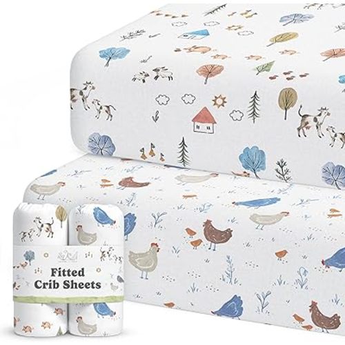 Crib Sheets Neutral - Fitted Baby Crib Sheets Bed for Girl Boy - 2 Pack Standard & Toddler Mattress (Farm Animals) - Buttery Soft Organic Cotton Blend