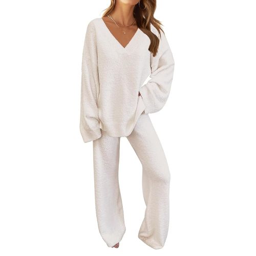 MEROKEETY Women's 2 Piece Outfits Fuzzy Fleece Pajama Set Long Sleeve Top Wide Leg Pants Loungewear