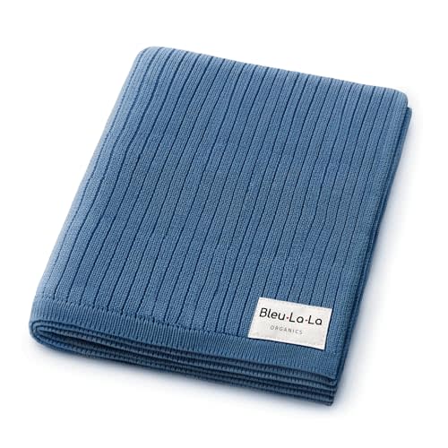 Bleu La La Organic Ribbed Swaddle Blanket for Boys & Girls - 100% Luxury Organic Soft Cotton Knit Warm Cozy Cuddle Stroller Crib Blanket for Newborns, Infants, & Toddlers (Denim Blue)