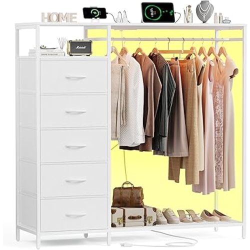 47 Inch White Dresser with LED Lights & Hanging Rack, 5 Drawer Fabric Dresser with Charging Station and Shelves, Tall Closet Organizer for Bedroom Clothes Storage