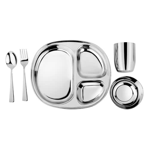 Ahimsa Kids and Toddler Plate and Bowl Set | Pediatrician Designed - Mindful Mealtime 5 Piece Stainless Steel Dish Set | Includes Divided Plate, Utensils, Cup, Bowl | 100% BPA Free (Classic Steel)