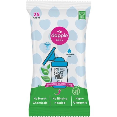 Breast Pump Wipes by Dapple Baby, Hypoallergenic & Powered by Plants, Removes Milk Residue, Leaves No Taste, Convenient Wipes Pouch, Fragrance Free, 25 Count (Pack of 1)
