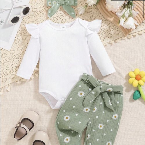 Baby Girl Autumn And Winter White Ruffle Long-Sleeved Jumpsuit + Daisy Flower Pants Headband Three Pieces Set