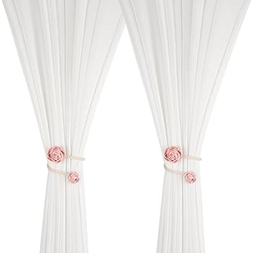 SUQ I OME 2 Pieces of Handmade Artificial Flower Curtain Holdbacks Clips Window Drape Twist Tie Backs for Women, Girls Bedroom Decorative Draperies Holdbacks (Pink)